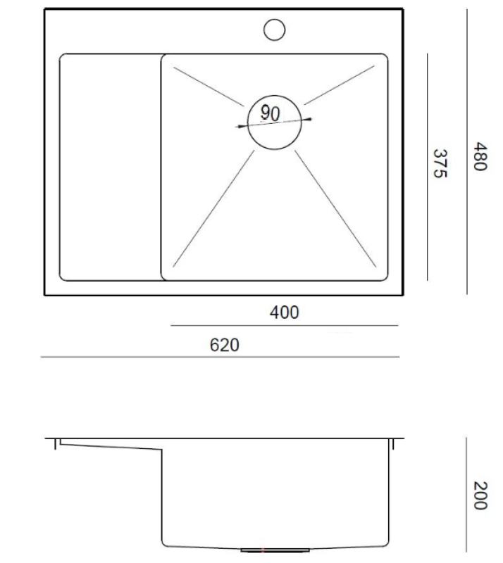 Aquadesign Clara Allas RST oikeanpuoleisella kulholla 62x48cm Päälle asennettava tai tasoon upotettava kuivaustelineellä, hanakiinnikkeellä ja RST-tulpalla - 1208967755