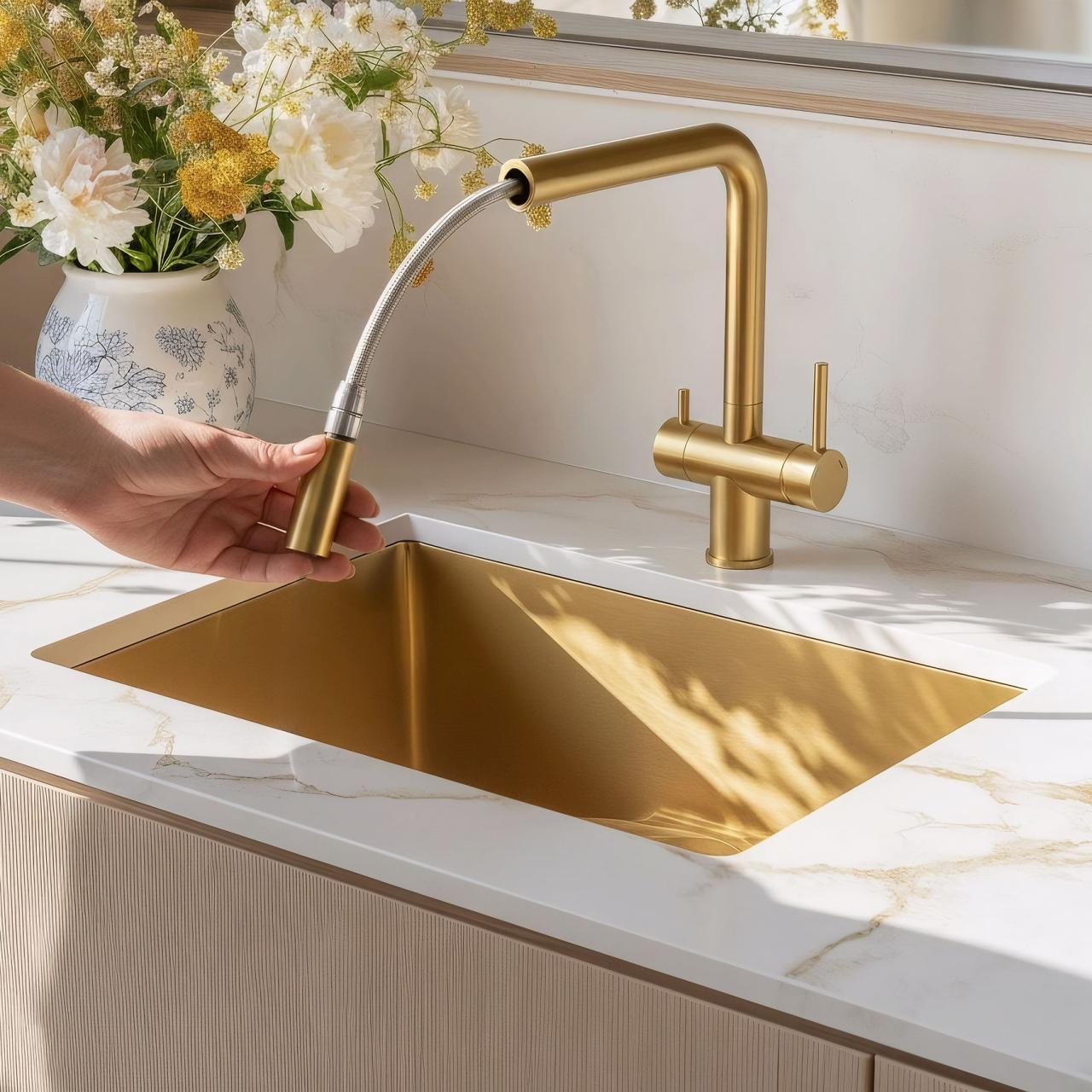 Quadri Ellesmere Kitchen Mixer Tap PVD Gold 3-way with Extra Connection for Filtered Water 1208967781 - Productafbeelding 2