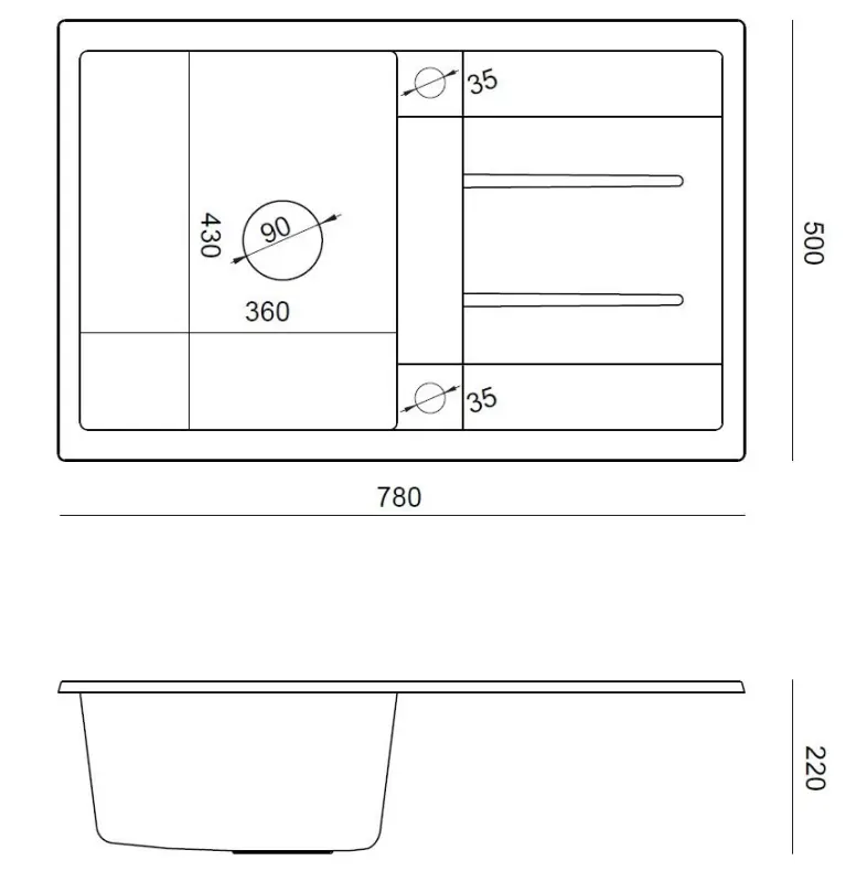 Quadri Sheffield Anthracite Granite Top-Mount Sink 78x50cm with Draining Area and Gold Plug - 1208967795