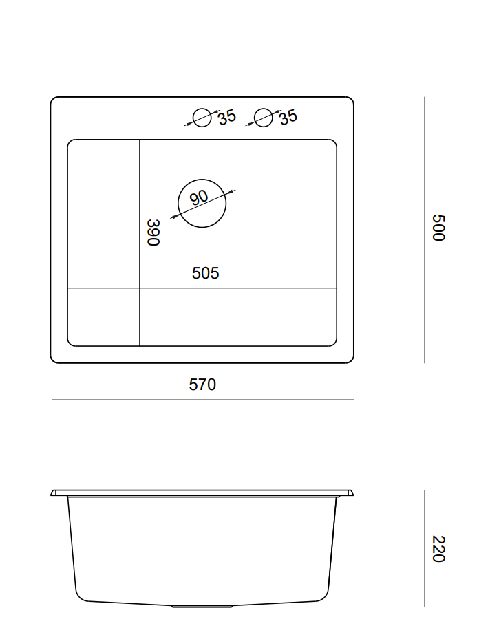 Quadri Sheffield Grey Granite Drop-In or Flush-Mount Sink 57x50 cm with Faucet Deck and Stainless Steel Plug - 1208967810 - Productafbeelding 3