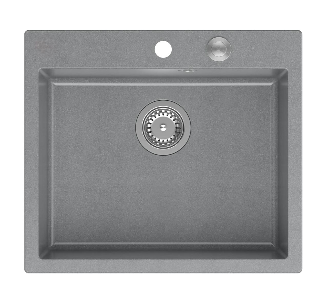 Quadri Sheffield Grey Granite Drop-In or Flush-Mount Sink 57x50 cm with Faucet Deck and Stainless Steel Plug - 1208967810 - Productafbeelding