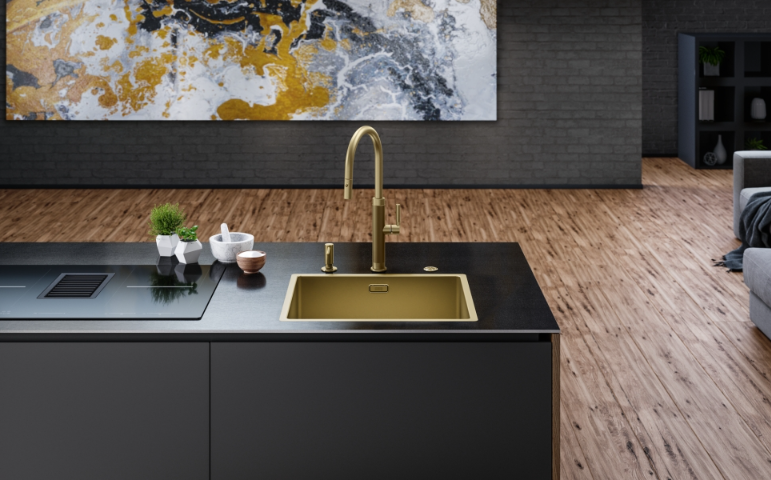 Franke Mythos Masterpiece Kitchen Faucet Gold with J-Spout and Pull-Out Spray - 115.0711.558 - Productafbeelding 6