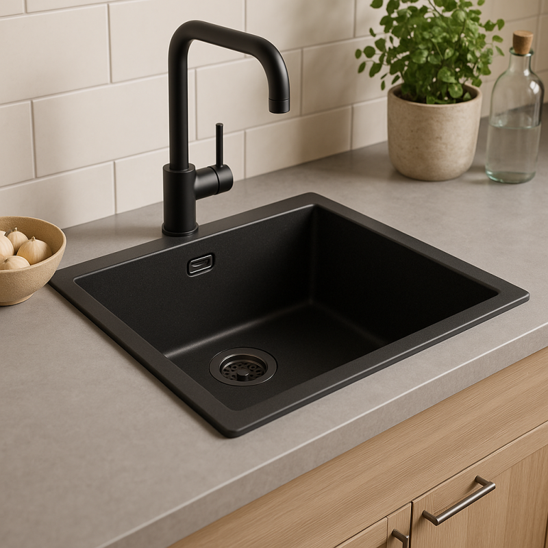 GraniteMy Universal Granite Black Sink 50x40 cm for inset, undermount, and flush-mount installation with gun metal plug - 1208967921