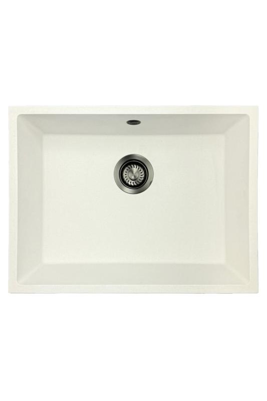 GraniteMy Universal Granite White Sink 55x40 cm for top mount, undermount, and flush mount with gun metal plug - 1208967933