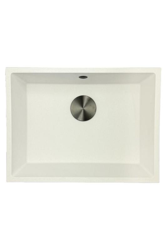 GraniteMy Universal Granite White Sink 55x40 cm for top mount, undermount, and flush mount with gun metal plug - 1208967933