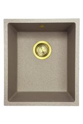 GraniteMy Universele granieten beige zand spoelbak  34x40 cm opbouw onderbouw en vlakbouw met gouden plug 1208968008