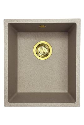 GraniteMy Universele granieten beige zand spoelbak  34x40 cm opbouw onderbouw en vlakbouw met gouden plug 1208968008
