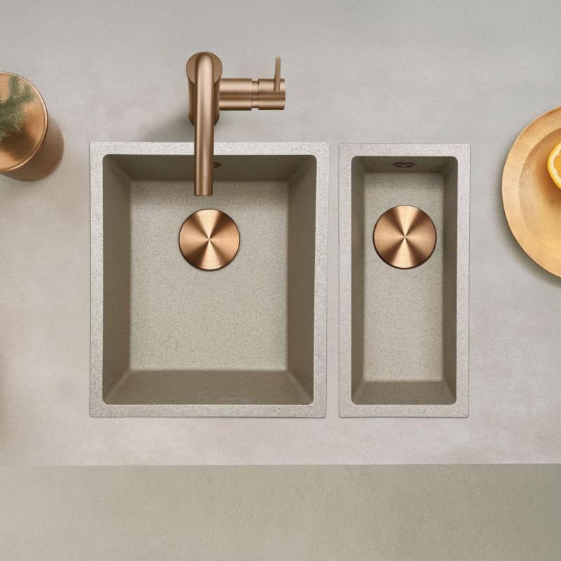 GraniteMy Universal granite beige sand sink 34x40 cm for top-mount, under-mount, and flush-mount installation with copper plug 1208968009
