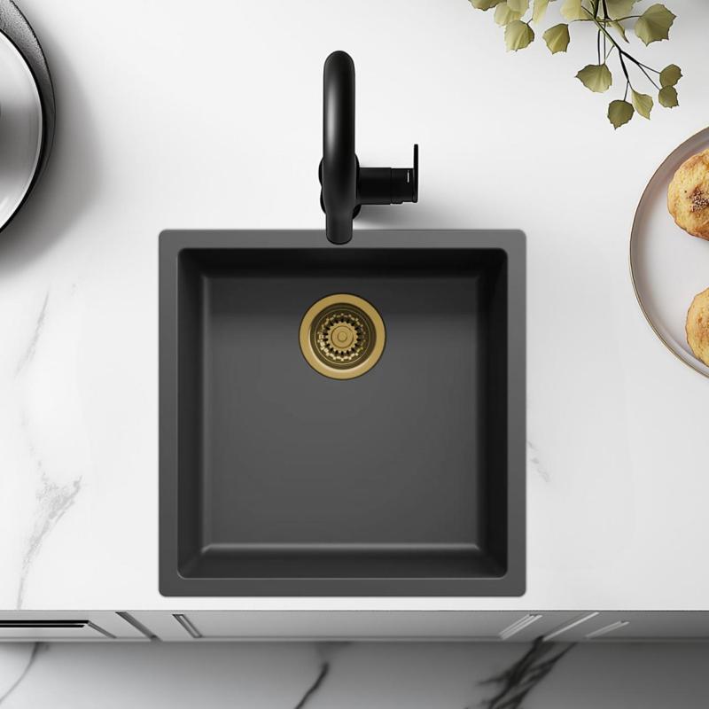 Musta pesuallas 40x40cm alakaappi, päälleasennettava ja tasoon upotettava kullanvärisellä tulppalla 1208968034