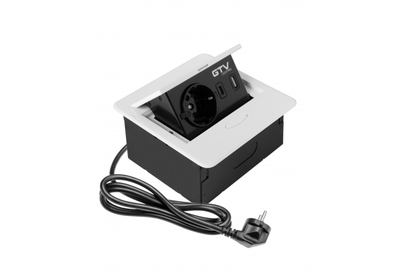 AVARO Upotettu Huonekalupistorasia, 1x Schuko-pistorasia, USB A+C, 1.5m Kaapeli, Valkoinen