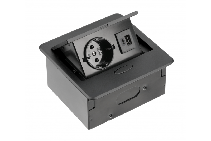 AVARO Upotettava Huonekalupistorasia, 1x Schuko-pistorasia, USB A+C, 1.5m Kaapeli, Musta