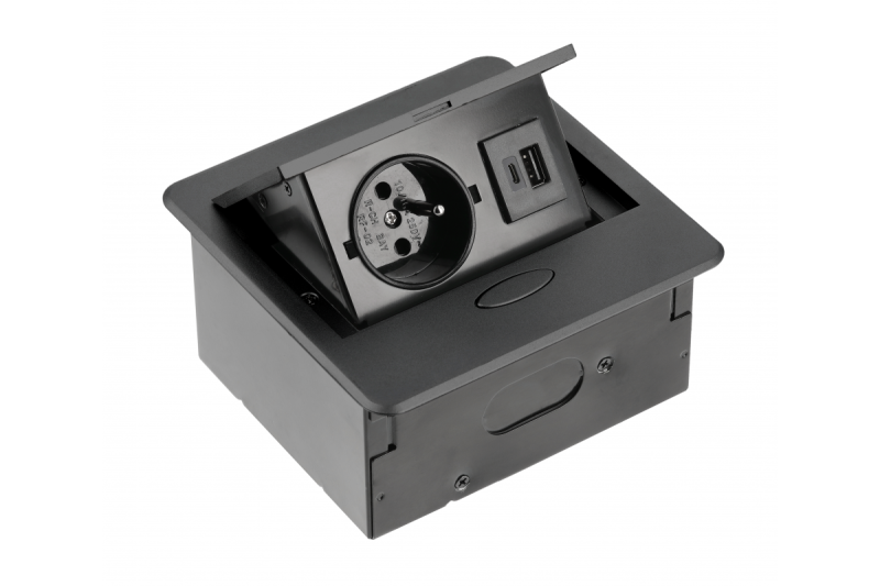 AVARO Upotettava Huonekalupistorasia, 1x Ranskalainen Pistorasia, USB A+C, 1.5m Kaapeli, Musta