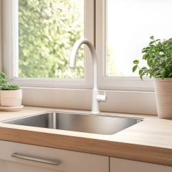 Waterevolution Flow keittiöhana pyöreällä käännettävällä juoksuputkella, valkoinen T158UBR