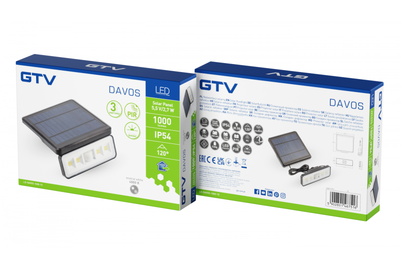 Aurinko-valaisin liike- ja hämärätunnistimella DAVOS, LED, 1000lm, 4000K, 2000mAh, IP54, musta