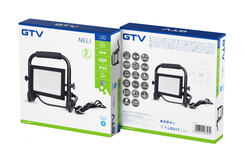 NELI Portable Floodlight, LED, 50W, 4500lm, 6400K, AC220-240V, IP65, 1.5m cable
