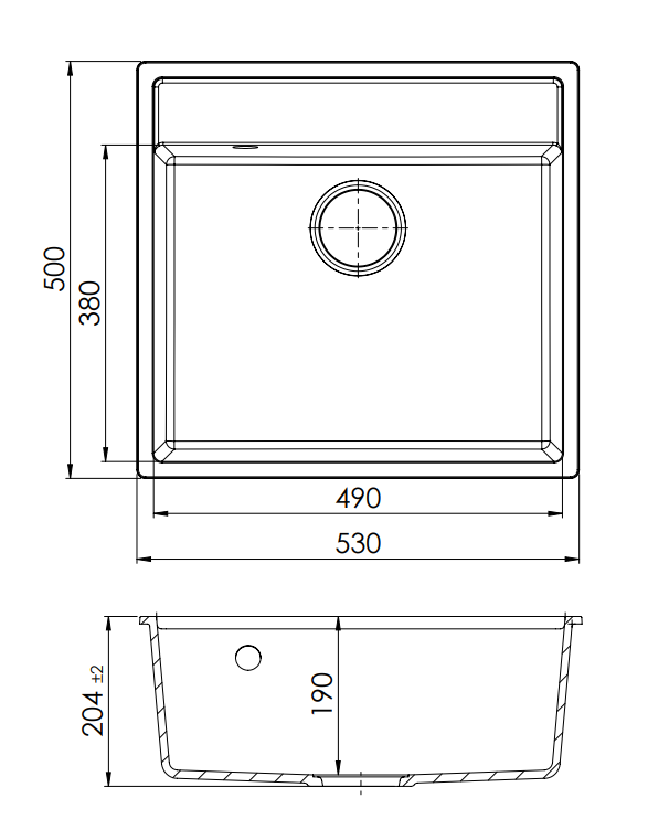 GraniteMy Bremenin graniittiallas 53x50 cm Musta - Päälle asennettava, alapuolinen ja tasoon upotettava hana-aukolla ja Gun metal -tulppa 1208969971 - Productafbeelding 2