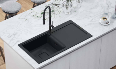 GraniittiMy Zafiri Musta Graniittinen Pöytätason Päällinen Pesuallas 97x50 cm Valumisalueella, Käännettävä, Mustalla Neliönmuotoisella Viemärikannella 1208969997