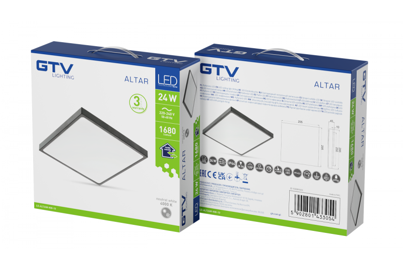ALTAR LED Kattolamppu, 295x295mm, 4000K, 24W, 1680lm, AC180-250V, 50/60 Hz, PF>0.5, IP54, musta, 3 vuoden takuu.