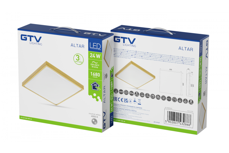 ALTAR LED-kattolamppu, 295x295mm, 4000K, 24W, 1680lm, AC180-250V, 50/60 Hz, PF>0.5, IP44, kultaväri, 3 vuoden takuu.