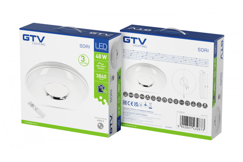 SORI LED-kattolamppu, Ø490mm, CCT, 48W, 3840lm, AC180-250V, 50/60 Hz, PF>0,9, IP54, kaukosäädin, valkoinen, 3 vuoden takuu.