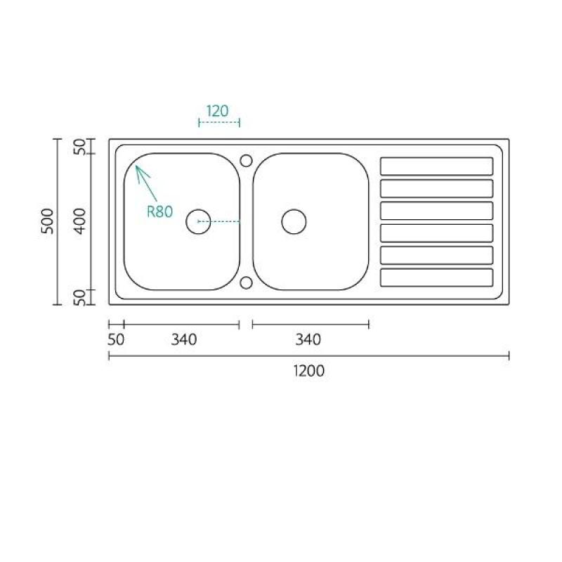 Banka Centurio 120 ruostumattomasta teräksestä valmistettu kaksinkertainen uppoallas, päällirakenne 120x50 cm kuivausosalla 1208970029.
