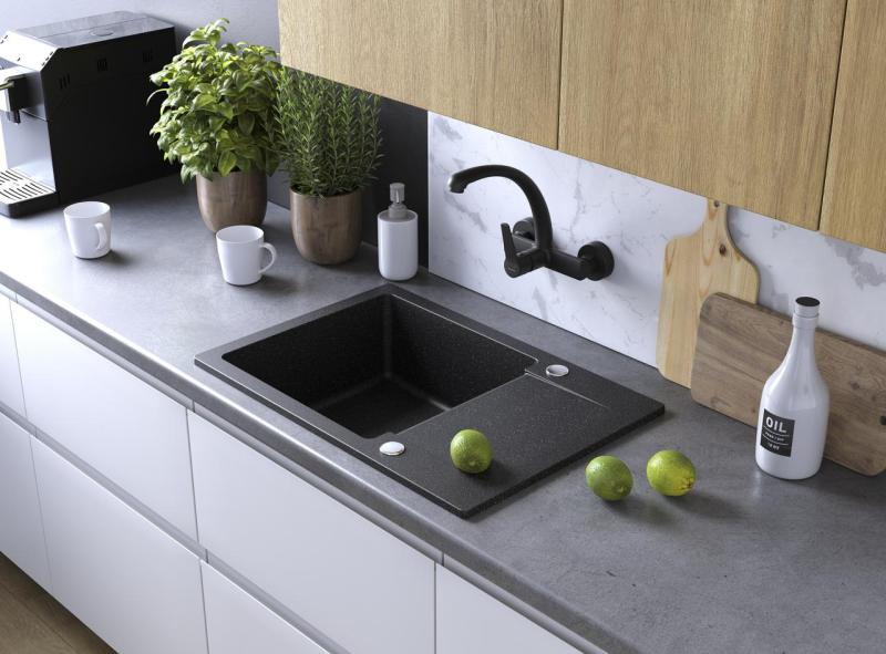 Aquadesign Kensley Set - Harmaa graniittinen päälle asennettava pesuallas pienellä valutustasolla ja keittiöhana, 65 x 44 cm 1208970086