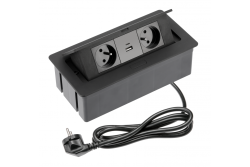 Huonekalupistorasia SOFT 2x maadoitettu pistorasia, USB A + C, virtajohto pistokkeella, musta.