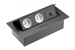 Huonekalujalusta 2x pistorasia maadoituksella, USB A+C, virtajohto pistokkeella, musta.