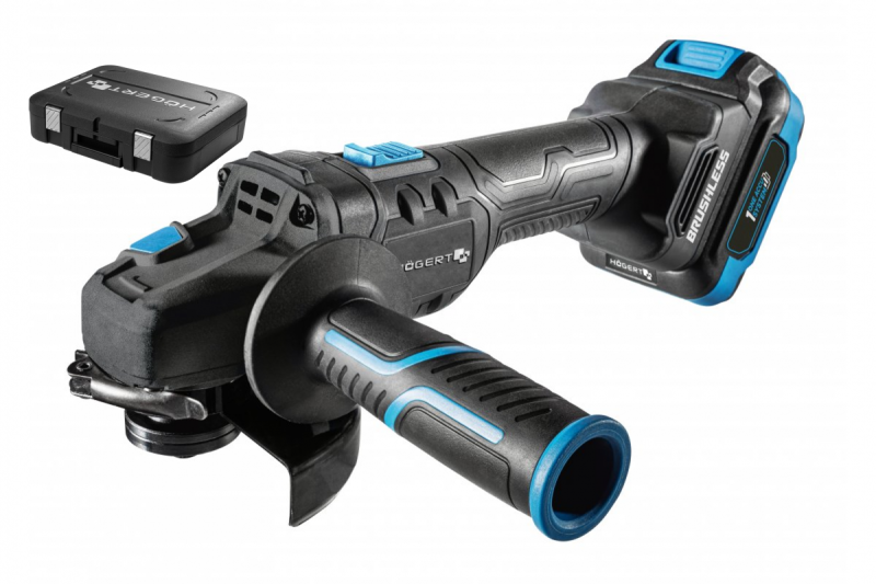 HÖGERT Langaton kulmahiomakone pedaalikytkimellä, 125MM, 18V, sarja, jossa akku, laturi, lisävarusteet