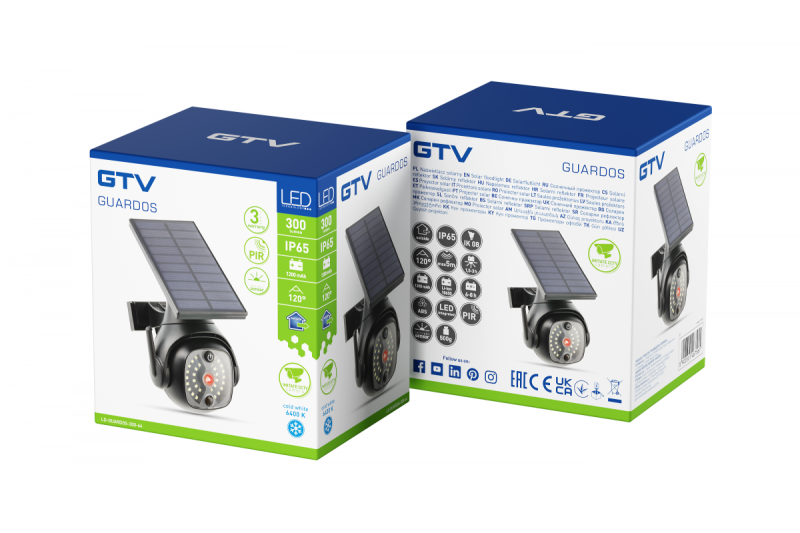 Aurinkotulvalamppu liike- ja hämärätunnistimella GUARDOS, LED, 300lm, 6400K, 1200mAh, IP65, dummykamera