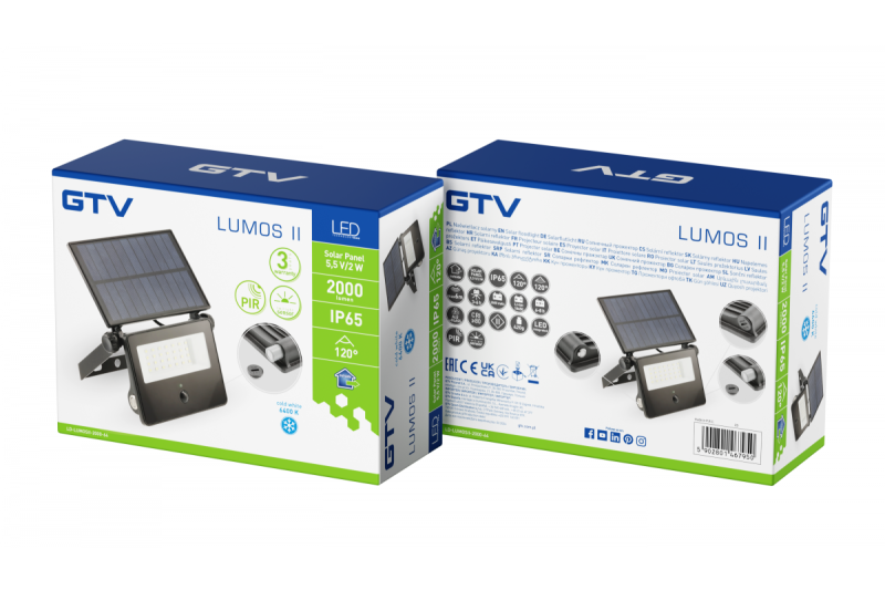 Aurinkotulvalamppu LUMOS II, LED, 2000lm, 6400K, 2600mAh vaihdettava, IP65, musta