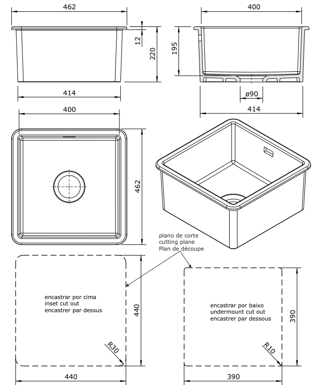 Ausmann Ceramic Ember Ceramic Matte Black Square Sink Top-mount and Undermount 40 x 40 cm 1208970507 - Productafbeelding 3
