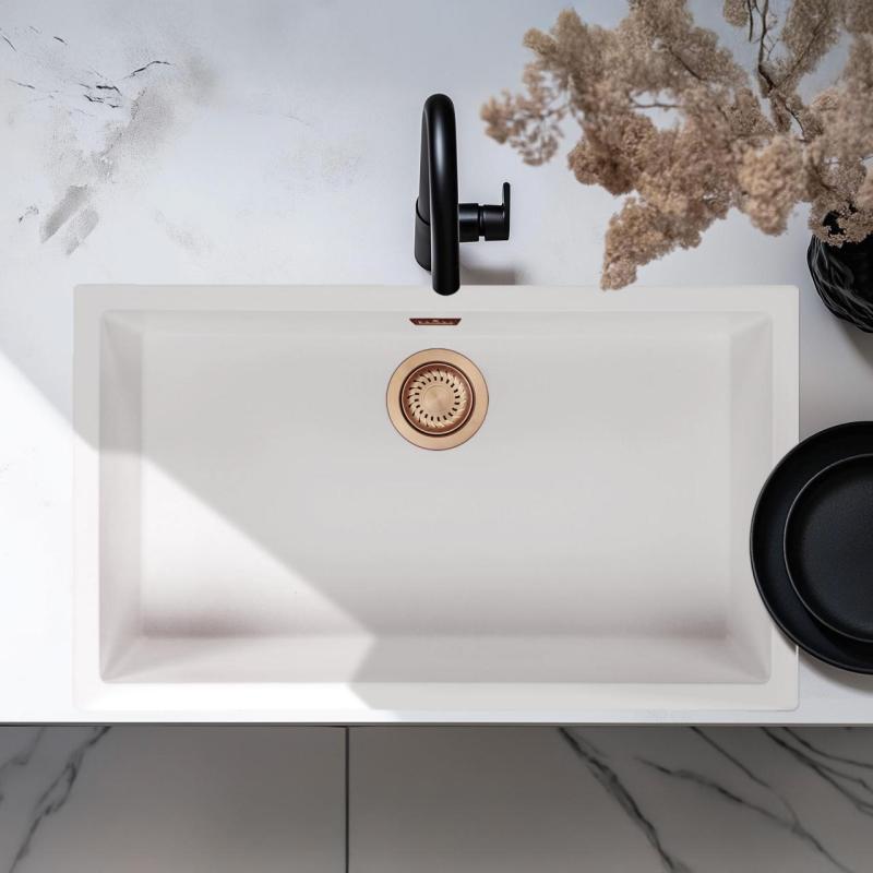 Valkoinen Suuri Pesuallas 70x40 cm Alakaappiin, Päälle Rakennettava ja Tasoon Upotettava, Kuparinen Tulppa 1208970523