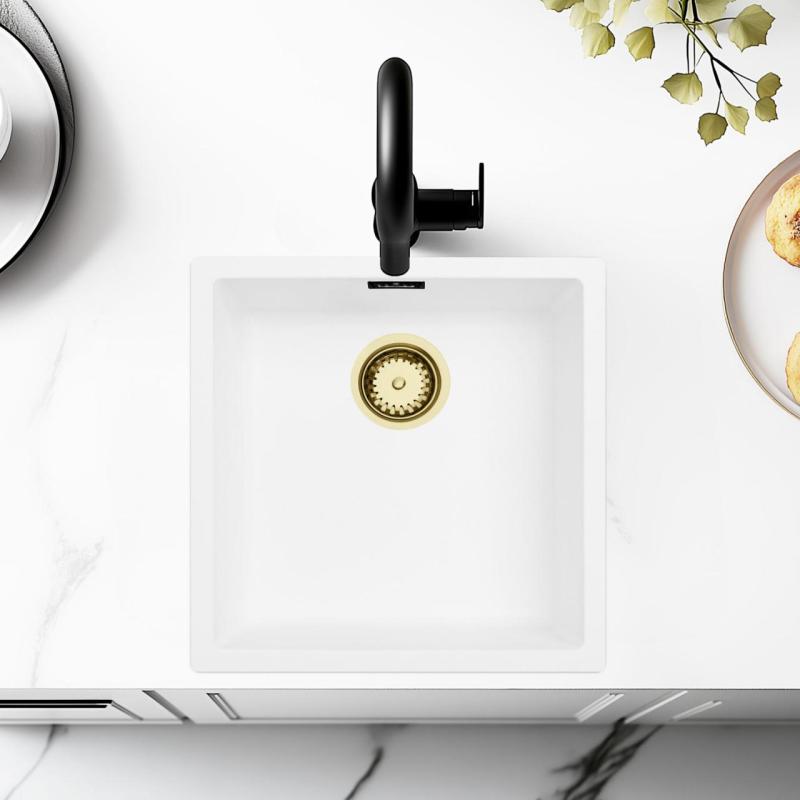 Valkea pesuallas 40x40 cm alataso-, päällitaso- ja tasoon asennettava kultaisella tulppalla 1208970537