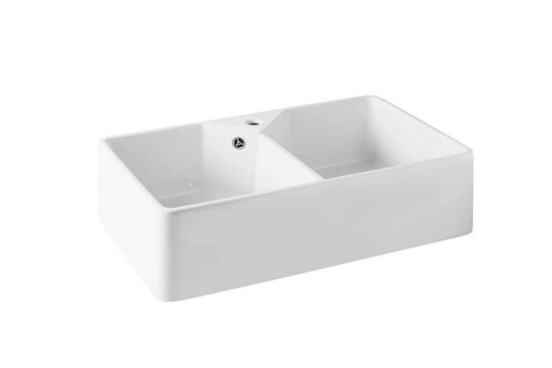 Ausmann Ceramic Mira Ceramic White Double Sink - Undermount and Intermediate 793 x 450 mm with faucet hole bank and stainless steel plug 1208970550