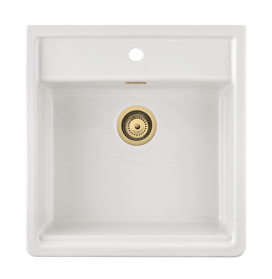 Ausmann Ceramic Panor Shade Ceramic White Butler Sink - Undermount and Semi-Recessed 630 x 597 mm with Tap Deck and Gold Plug 1208970558 - Productafbeelding 2
