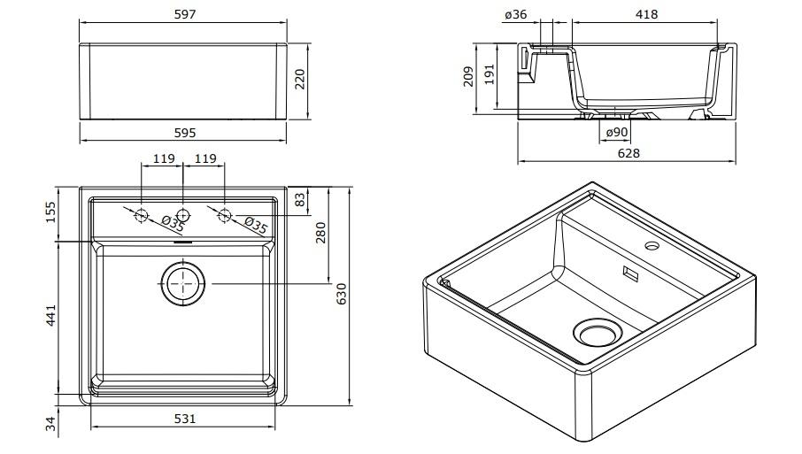 Ausmann Ceramic Panor Shade Ceramic White Butler Sink - Undermount and Semi-Recessed 630 x 597 mm with Tap Deck and Gold Plug 1208970558 - Productafbeelding 4