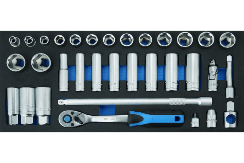 3/8" räikkätyökalusetti, 33 osaa, EVA-sisävuori.