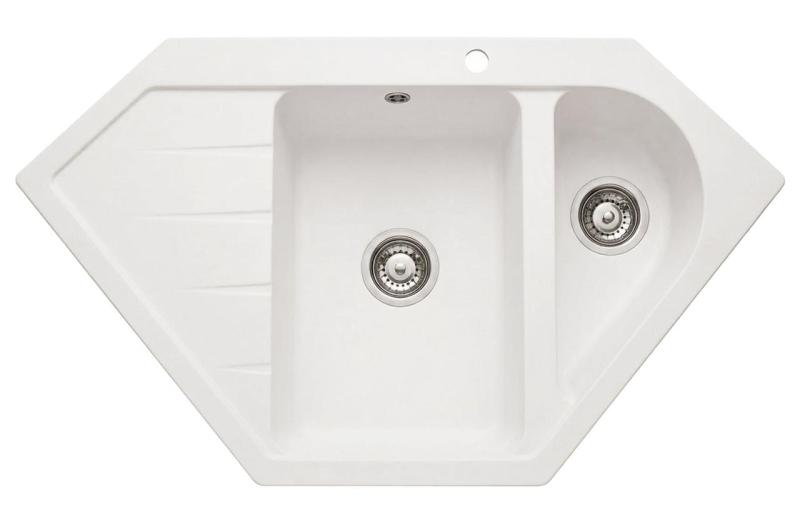 Graniteland Amiata Graniittinen valkoinen kulmainen pesuallas, asennettava 955 x 489 mm, ruostumattomasta teräksestä valmistettu tulppa 1208970622