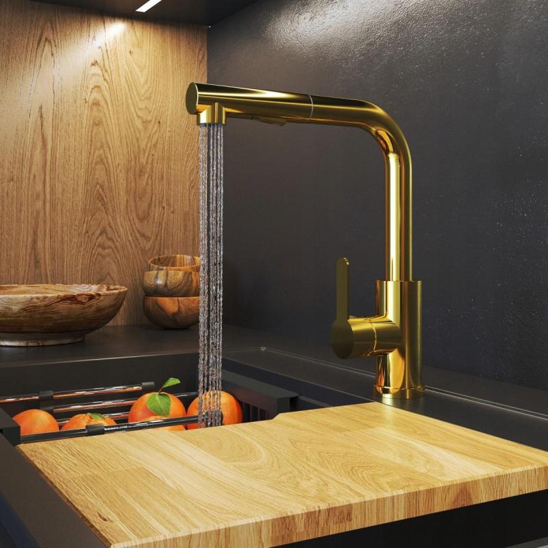 Graniteland Celeste keukenkraan goud met uittrekbare uitloop en dubbele functie handdouche 1208970664