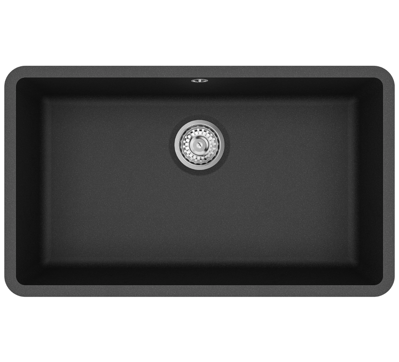 AquaGranite Modulo R19 suuri musta graniittiallas 76x43 cm, joka voidaan asentaa sekä alta- että päältäpäin, ruostumattomasta teräksestä valmistetulla tulpan kanssa 1208970688. - Productafbeelding 2