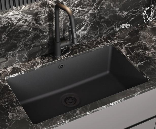 AquaGranite Modulo R19 suuri musta graniittiallas 76x43 cm, joka voidaan asentaa sekä alta- että päältäpäin, ruostumattomasta teräksestä valmistetulla tulpan kanssa 1208970688. - Productafbeelding 4