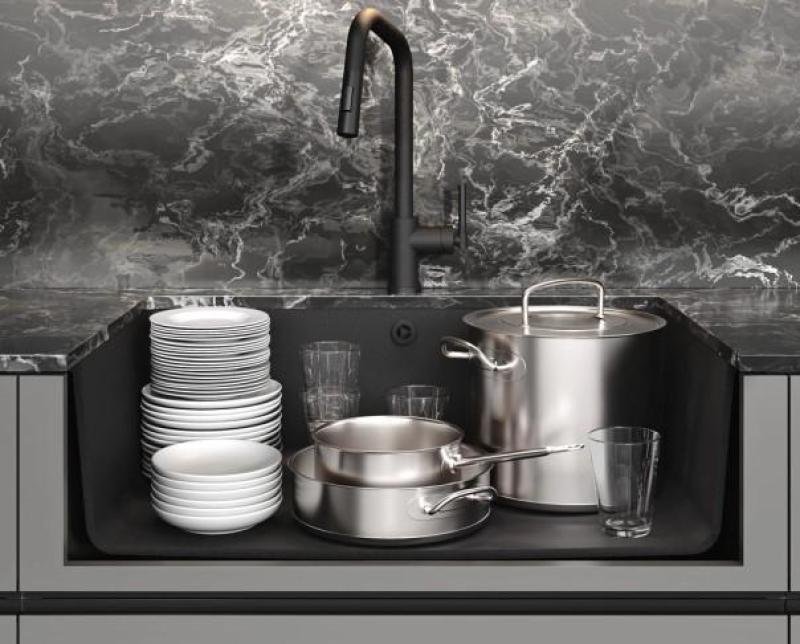 AquaGranite Modulo R19 suuri musta graniittiallas 76x43 cm, joka voidaan asentaa sekä alta- että päältäpäin, ruostumattomasta teräksestä valmistetulla tulpan kanssa 1208970688.