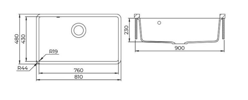 AquaGranite Modulo R19 suuri musta graniittiallas 76x43 cm, joka voidaan asentaa sekä alta- että päältäpäin, ruostumattomasta teräksestä valmistetulla tulpan kanssa 1208970688.