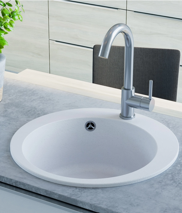 AquaGranite Lago Wit granieten ronde spoelbak opbouw 505mm met roestvrijstalen plug en 1 kraangat 1208970689.

In het Fins zou dit zijn:

AquaGranite Lago Valkoinen graniittinen pyöreä pesual - Productafbeelding