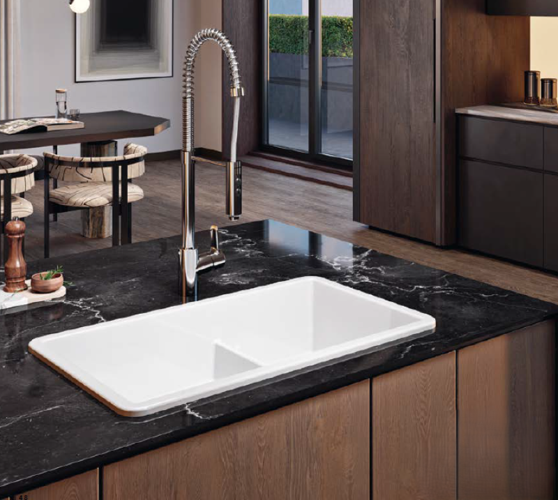 Ausmann Ceramic Ember Ceramic White One and a Half Bowl Sink Top Mount and Undermount 733 x 401 mm with Stainless Steel Plugs 1208970737