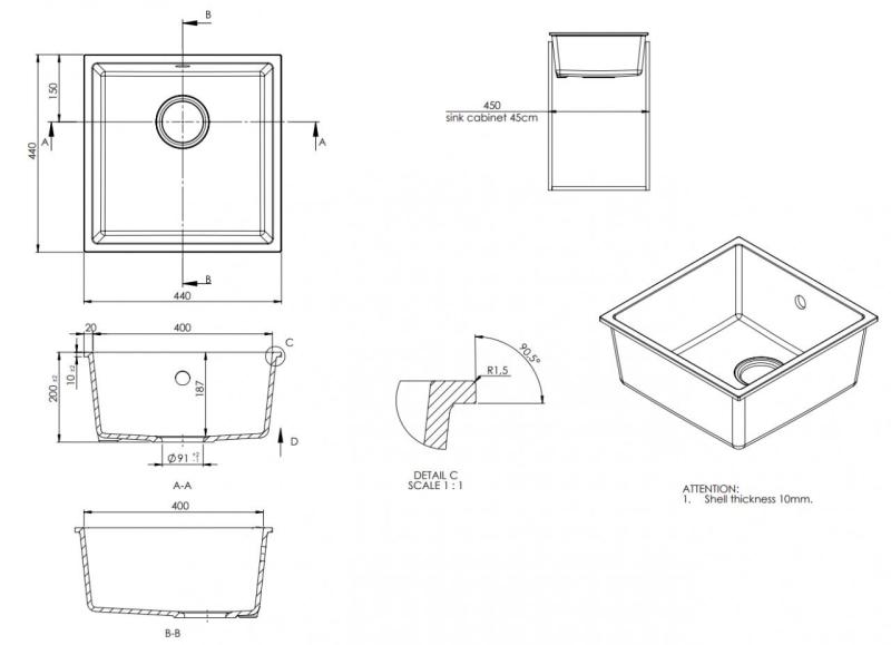 GraniteMy Universal Granite Gray, dark Sink 40x40 cm Top Mount, Undermount and Flush Mount with Stainless Steel Plug 1208970742
