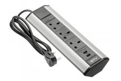 Toimistopöydän jatkokaapeli, kulmikas, 3x UK pistorasiat, 2xUSB 2.1A 5V (hopea) ENGLANNIN VERSIO