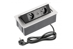 PEHMEÄ huonekalupistorasia 2x pistorasia maadoituksella, USB A + C, virtajohto pistokkeella, alumiini.