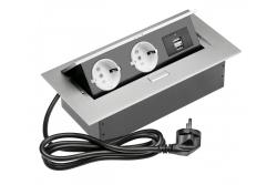 Työpöydän jatkokaapeli 2x Schuko-pistorasia, 2x USB, virtajohto pistokkeella, alumiini